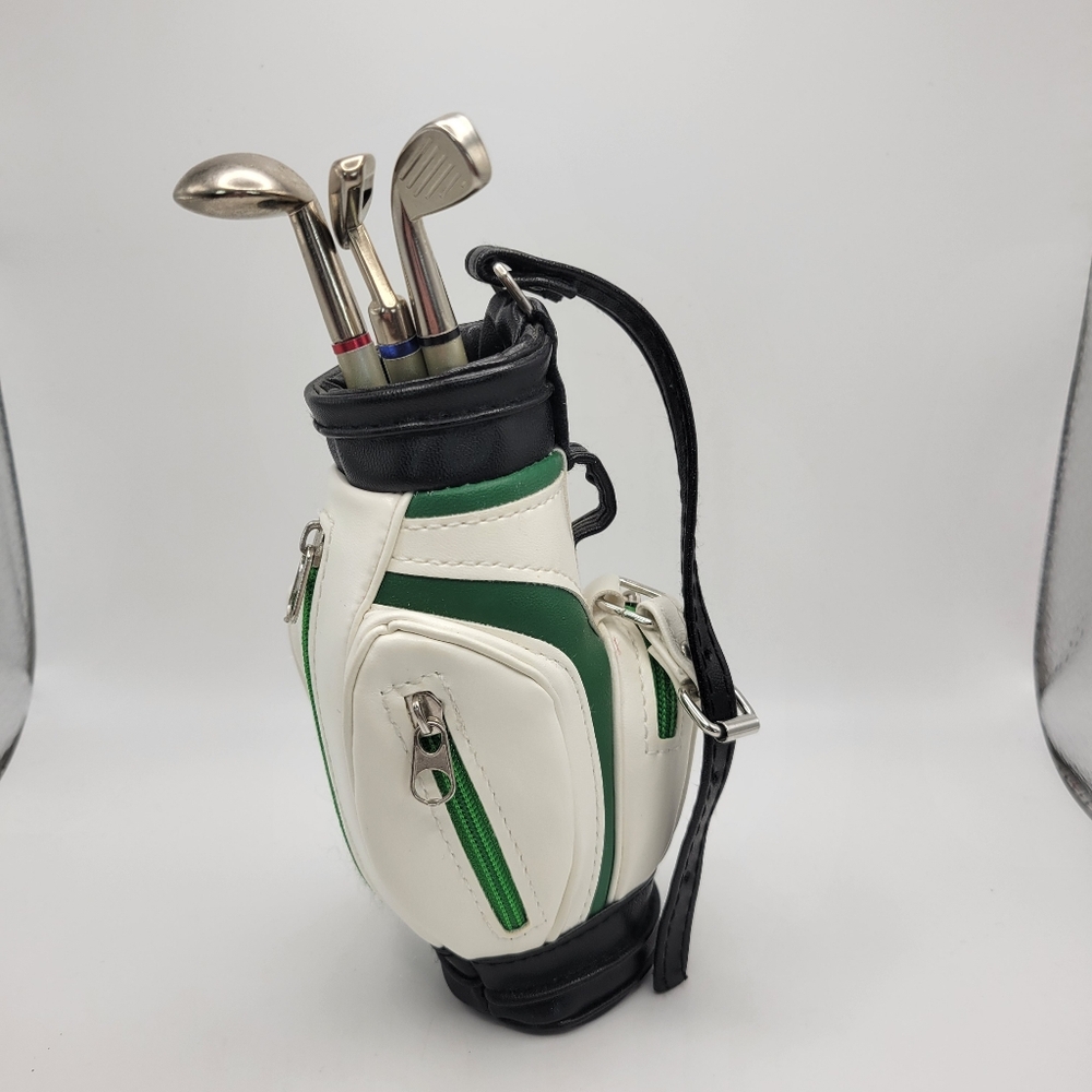 Vintage 6" Golf Bag Pen Holder Set Weighted Bottom With 3 Working Golf Club Pens